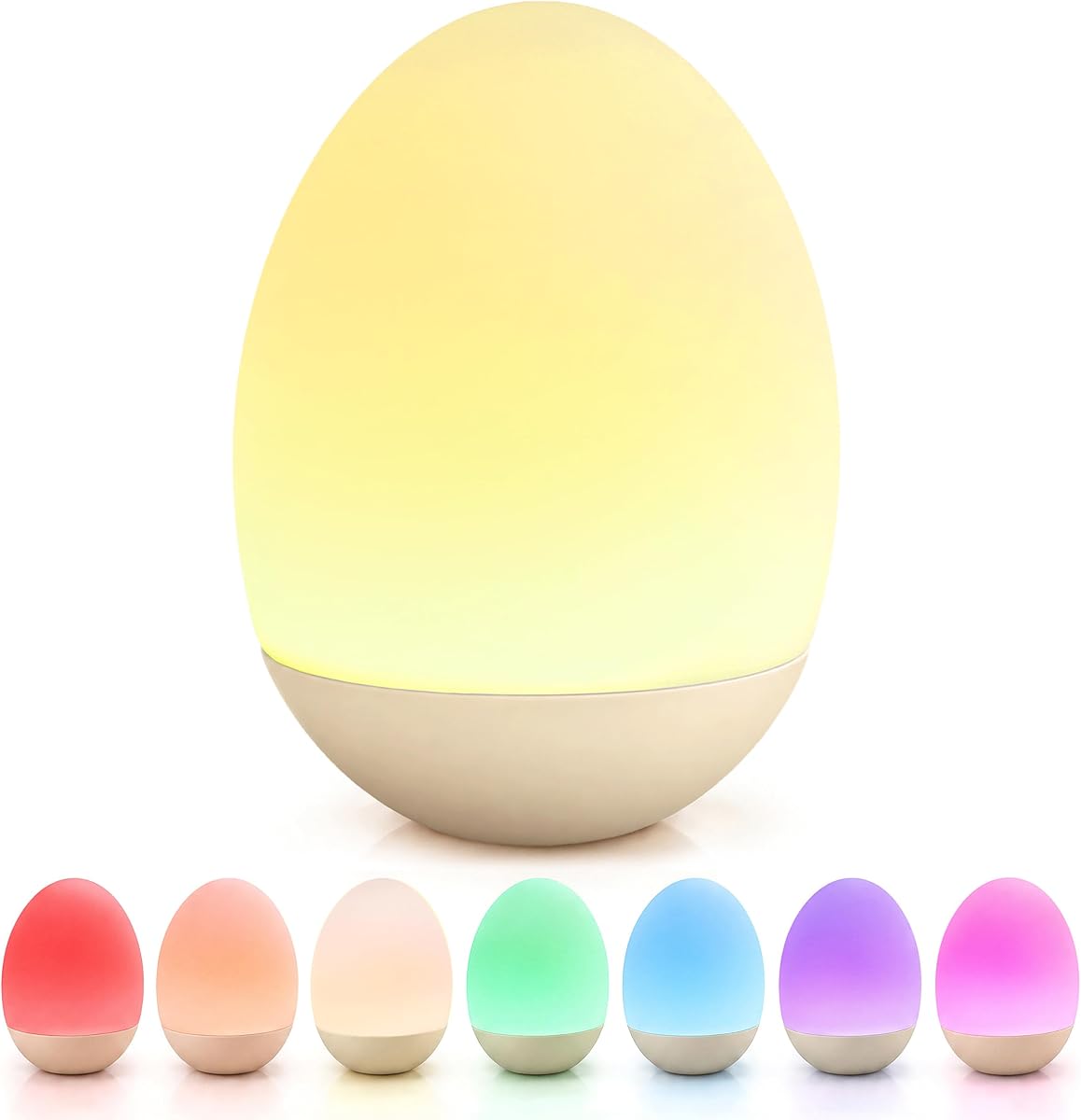 LittleTora egg-shaped nursery night light shown in its seven color settings