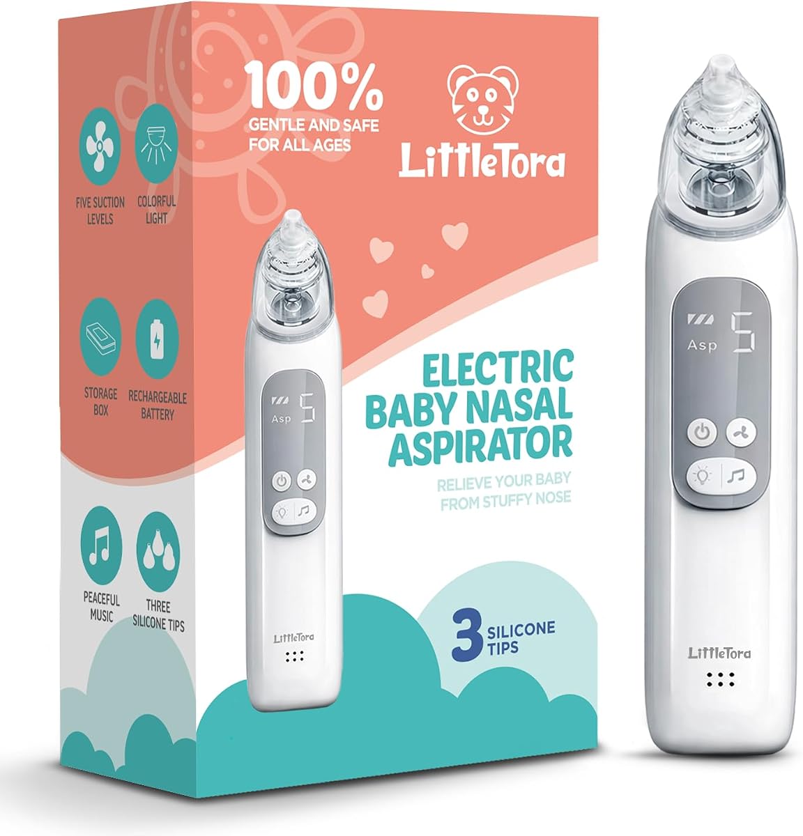 LittleTora rechargeable baby nasal aspirator with its original packaging